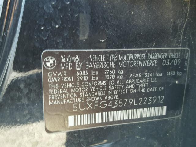 5UXFG43579L223912 - 2009 BMW X6 XDRIVE3 BLACK photo 10