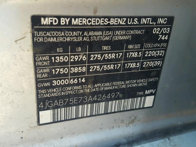 4JGAB75E73A426497 - 2003 MERCEDES-BENZ ML 500 SILVER photo 10