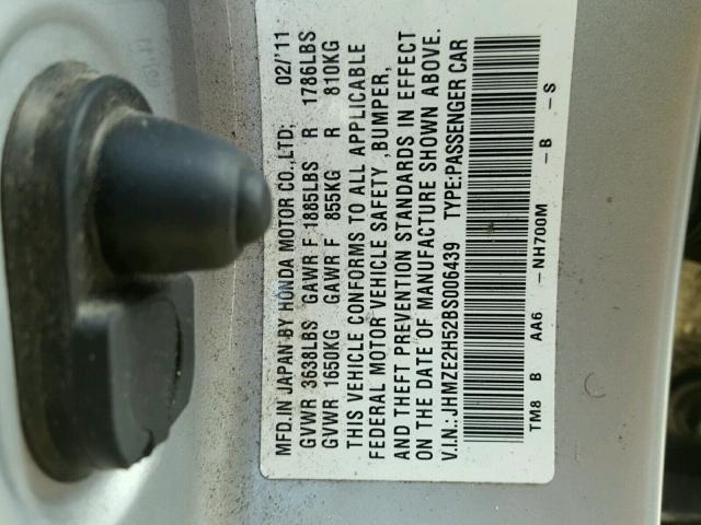 JHMZE2H52BS006439 - 2011 HONDA INSIGHT LX SILVER photo 10