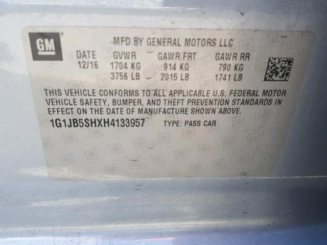 1G1JB5SHXH4133957 - 2017 CHEVROLET SONIC LS ლურჯი ფოტო 10