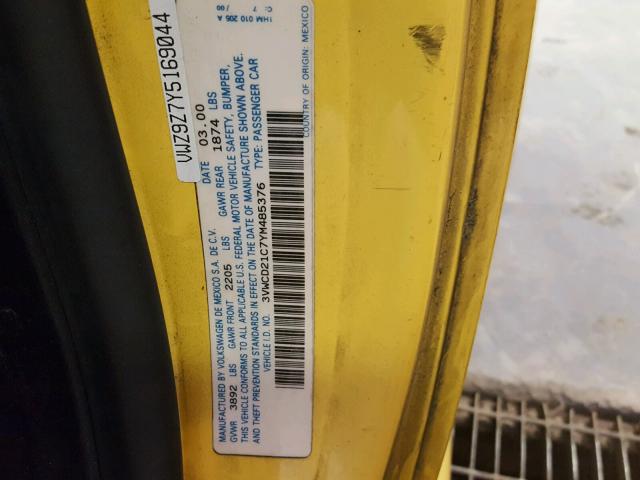 3VWCD21C7YM485376 - 2000 VOLKSWAGEN NEW BEETLE 黄色 照片 10