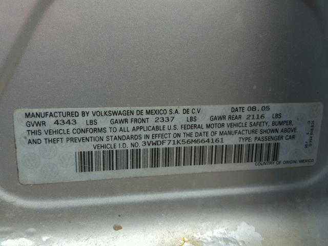 3VWDF71K56M664161 - 2006 VOLKSWAGEN JETTA 2.5L SILVER photo 10