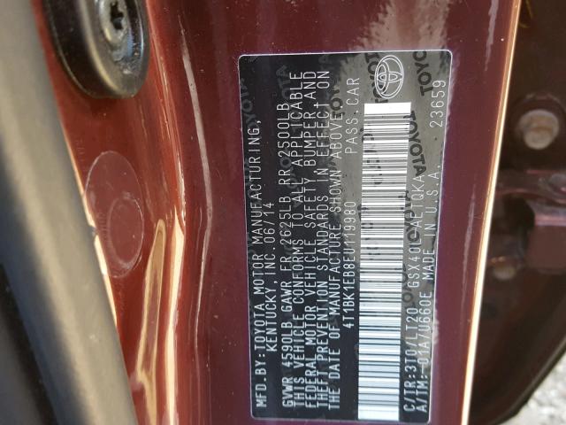 4T1BK1EB8EU119980 - 2014 TOYOTA AVALON BAS MAROON photo 10