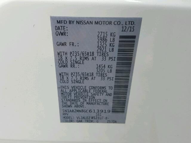 5N1AR2MN8GC613919 - 2016 NISSAN PATHFINDER WHITE photo 10