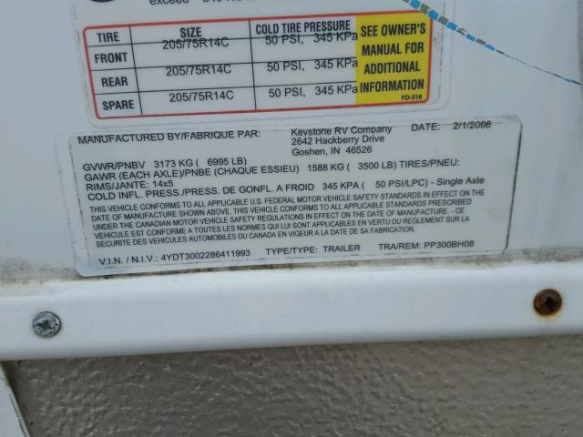 4YDT3002286411993 - 2008 KEYSTONE PASSPORT WHITE photo 10