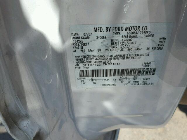 1FTRF12217KD51315 - 2007 FORD F150 WHITE photo 10