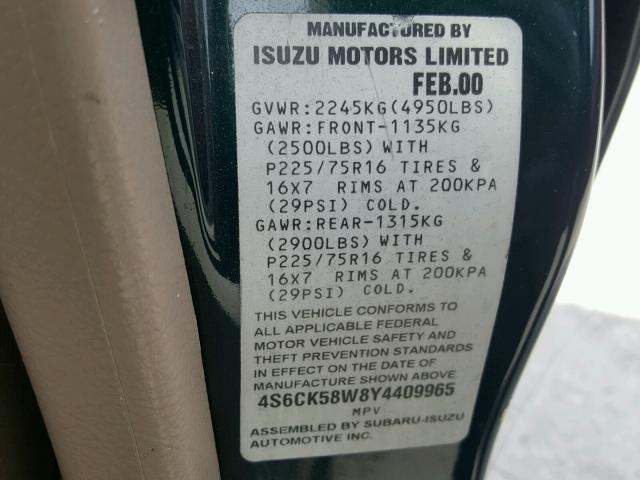 4S6CK58W8Y4409965 - 2000 HONDA PASSPORT E 绿色 照片 10