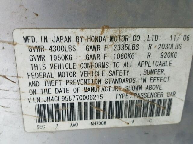 JH4CL95877C006215 - 2007 ACURA TSX SILVER photo 10