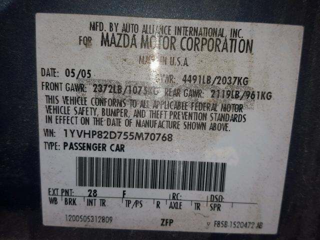 1YVHP82D755M70768 - 2005 MAZDA 6 S BLUE photo 10