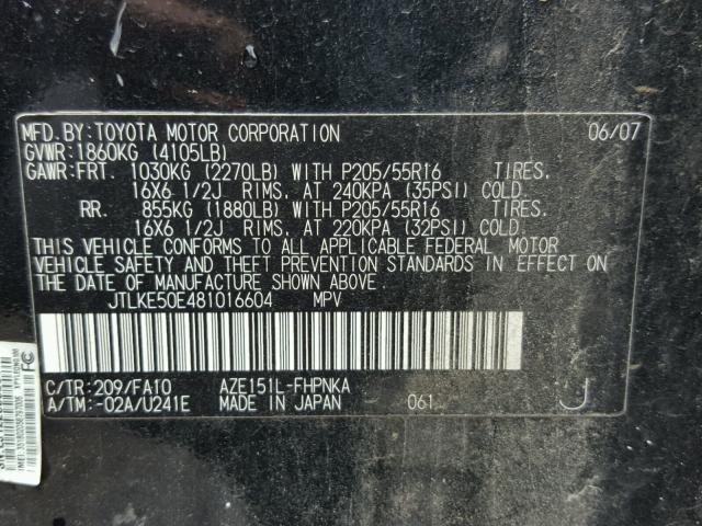 JTLKE50E481016604 - 2008 TOYOTA SCION XB 黑色 照片 10