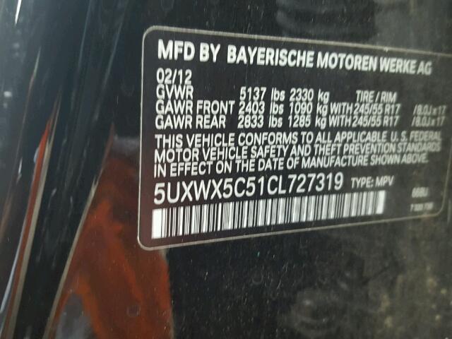 5UXWX5C51CL727319 - 2012 BMW X3 BLACK photo 10