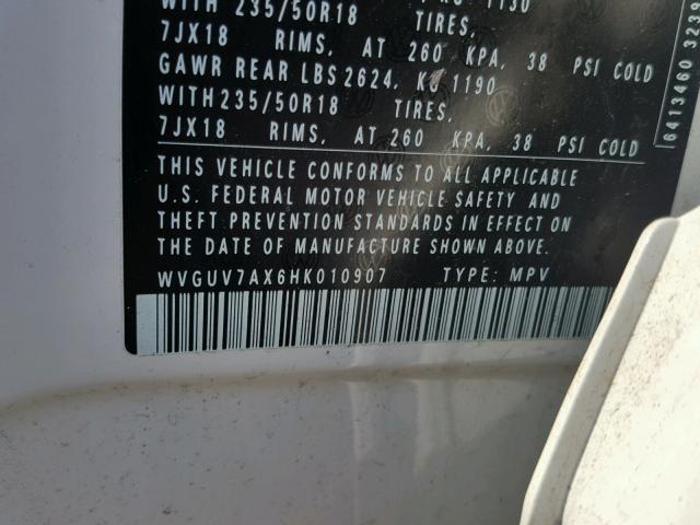 WVGUV7AX6HK010907 - 2017 VOLKSWAGEN TIGUAN SPO თეთრი ფოტო 10
