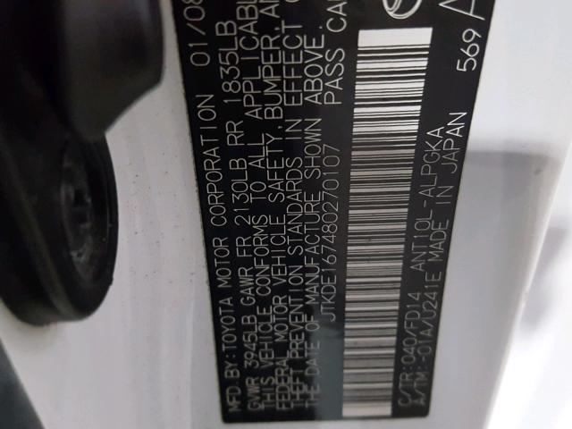 JTKDE167480270107 - 2008 TOYOTA SCION TC 白色 照片 10