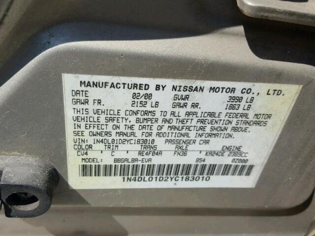 1N4DL01D2YC183010 - 2000 NISSAN ALTIMA XE TAN photo 10