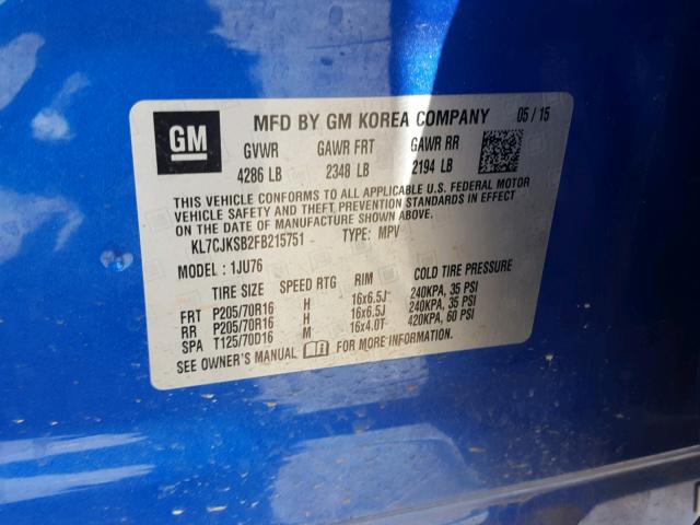 KL7CJKSB2FB215751 - 2015 CHEVROLET TRAX LS BLUE photo 10