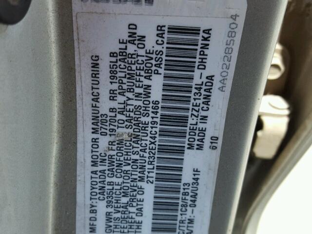 2T1LR32EX4C191466 - 2004 TOYOTA MATRIX XR SILVER photo 10