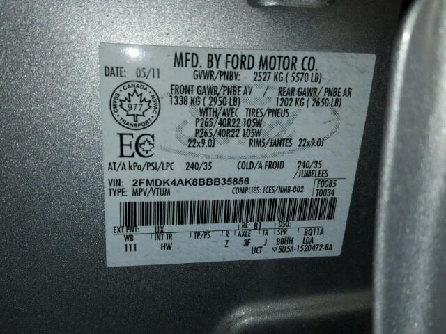 2FMDK4AK8BBB35856 - 2011 FORD EDGE SPORT SILVER photo 10