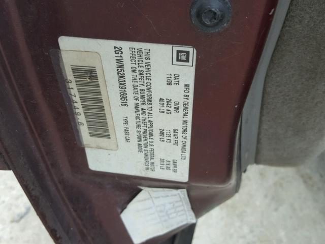 2G1WN52K0X9169516 - 1999 CHEVROLET LUMINA LTZ MAROON photo 10