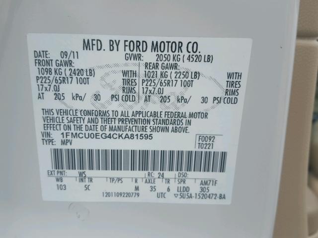 1FMCU0EG4CKA81595 - 2012 FORD ESCAPE LIM WHITE photo 10