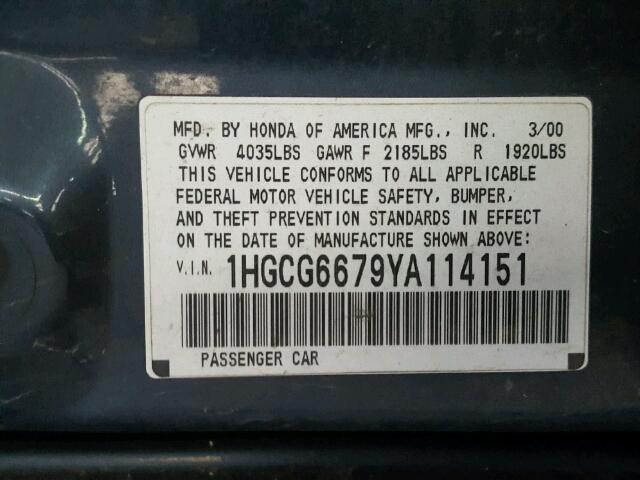 1HGCG6679YA114151 - 2000 HONDA ACCORD EX BLUE photo 10