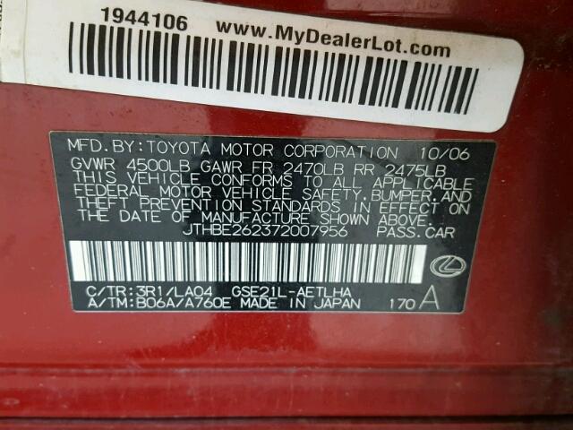 JTHBE262372007956 - 2007 LEXUS IS 350 RED photo 10