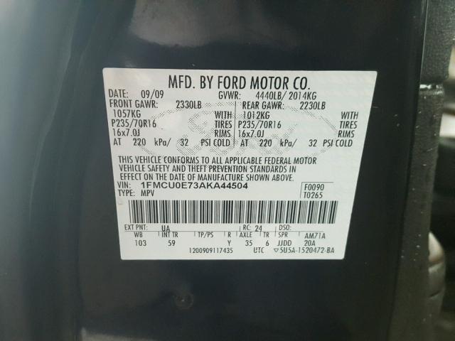 1FMCU0E73AKA44504 - 2010 FORD ESCAPE LIM BLACK photo 10