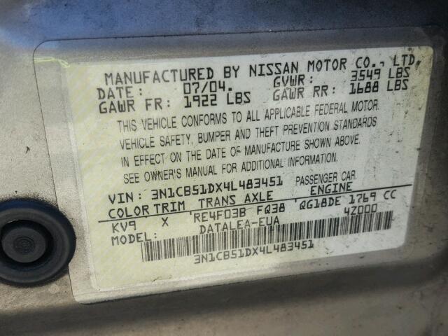 3N1CB51DX4L483451 - 2004 NISSAN SENTRA 1.8 GRAY photo 10