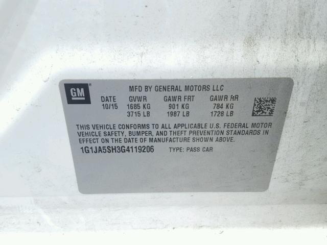 1G1JA5SH3G4119206 - 2016 CHEVROLET SONIC LS WHITE photo 10