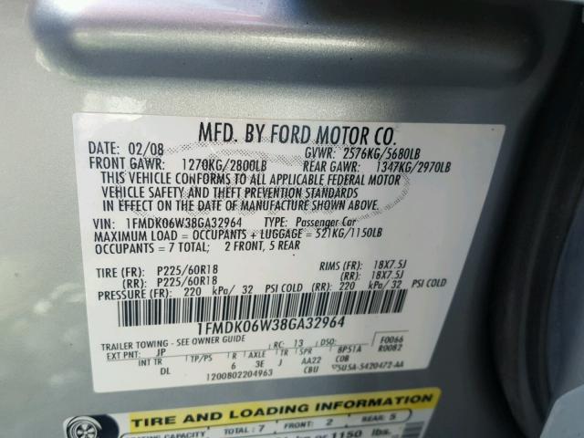 1FMDK06W38GA32964 - 2008 FORD TAURUS X L SILVER photo 10