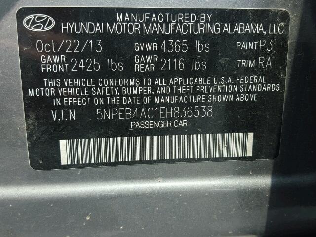 5NPEB4AC1EH836538 - 2014 HYUNDAI SONATA GLS GRAY photo 10