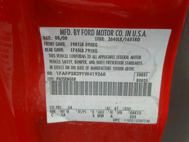 1FAFP3839YW419260 - 2000 FORD FOCUS ZTS RED photo 10