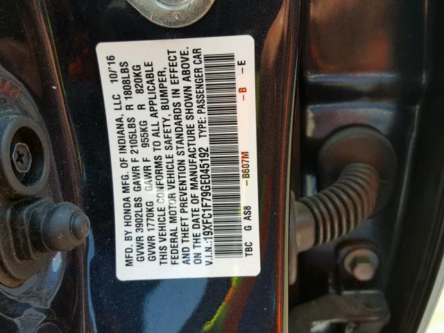 19XFC1F79GE045192 - 2016 HONDA CIVIC EXL Mavi foto 10