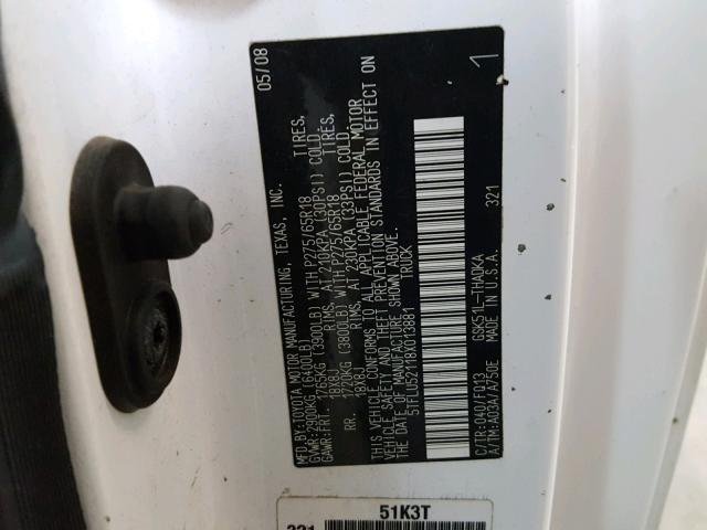 5TFLU52118X013881 - 2008 TOYOTA TUNDRA WHITE photo 10