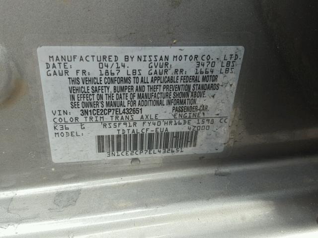 3N1CE2CP7EL432651 - 2014 NISSAN VERSA NOTE SILVER photo 10