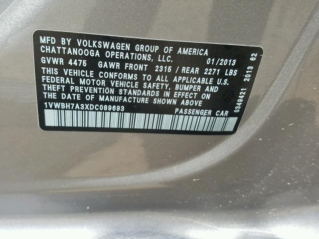 1VWBH7A3XDC089693 - 2013 VOLKSWAGEN PASSAT SE GRAY photo 10