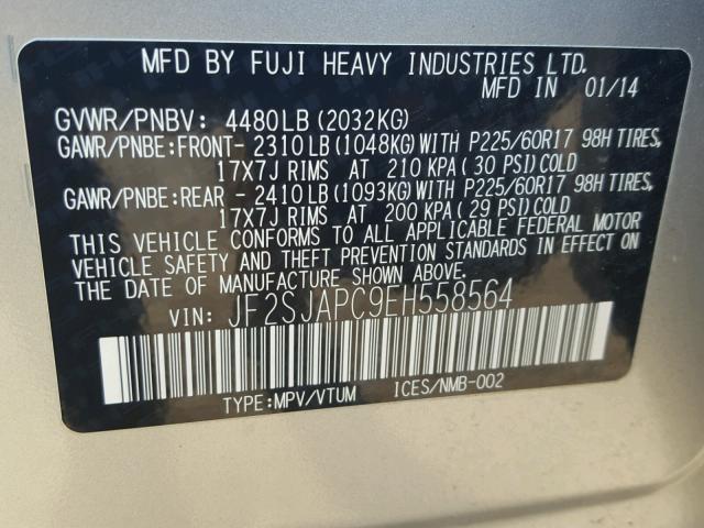 JF2SJAPC9EH558564 - 2014 SUBARU FORESTER 2 SILVER photo 10