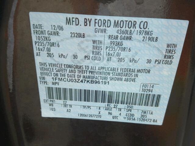 1FMCU03Z47KB96191 - 2007 FORD ESCAPE BROWN photo 10