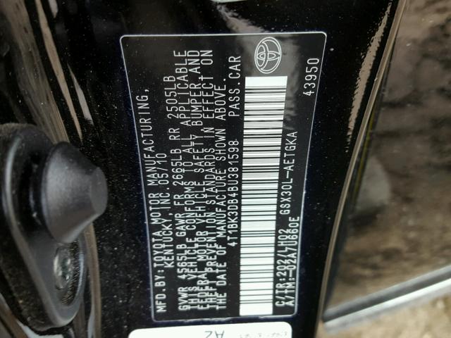 4T1BK3DB4BU381598 - 2011 TOYOTA AVALON BAS BLACK photo 10