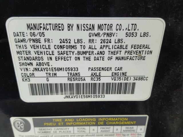 JNKAY01E56M105933 - 2006 INFINITI M35 BASE BLACK photo 10