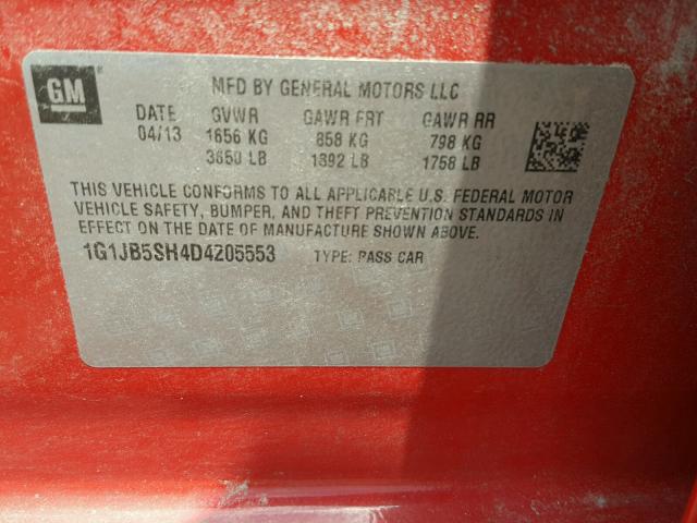 1G1JB5SH4D4205553 - 2013 CHEVROLET SONIC LS 红色 照片 10