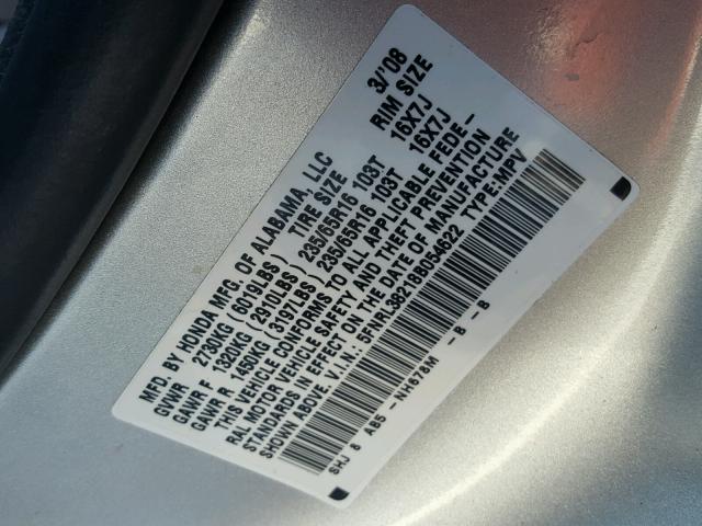 5FNRL38218B054622 - 2008 HONDA ODYSSEY LX SILVER photo 10