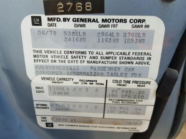 4V69X9H622633 - 1979 BUICK ELECTRA BLUE photo 10