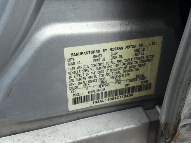 1N4AL11D04C113430 - 2004 NISSAN ALTIMA BAS SILVER photo 10