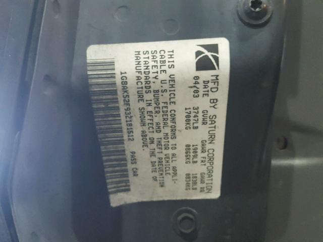 1G8AK52F93Z181512 - 2003 SATURN ION LEVEL BLACK photo 10