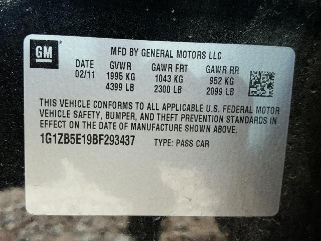 1G1ZB5E19BF293437 - 2011 CHEVROLET MALIBU LS შავი ფოტო 10