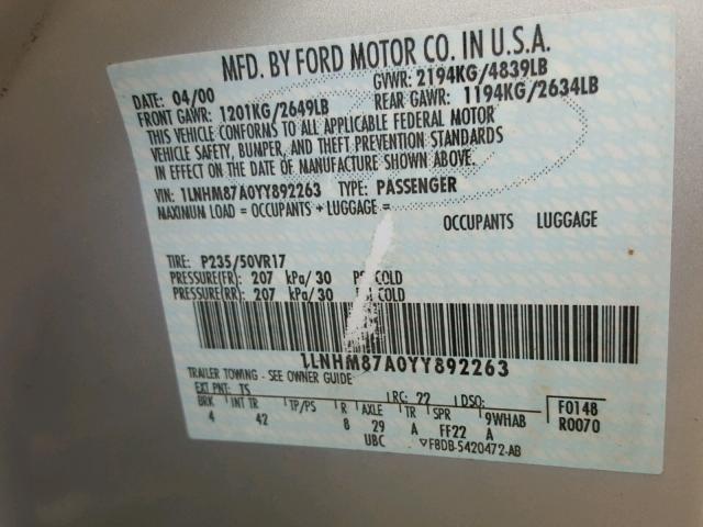 1LNHM87A0YY892263 - 2000 LINCOLN LS 银色 照片 10