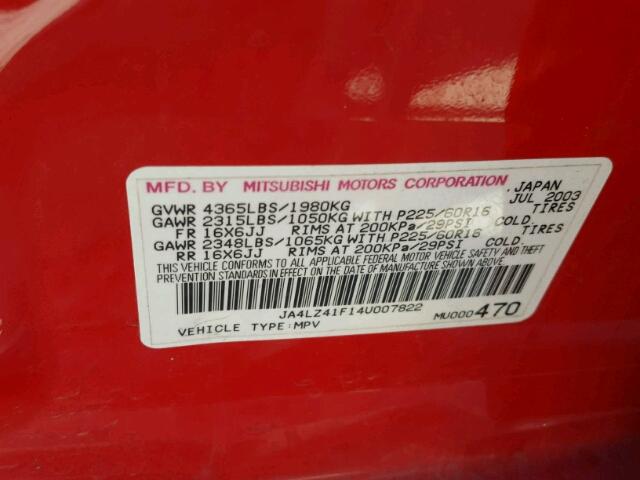 JA4LZ41F14U007822 - 2004 MITSUBISHI OUTLANDER RED photo 10