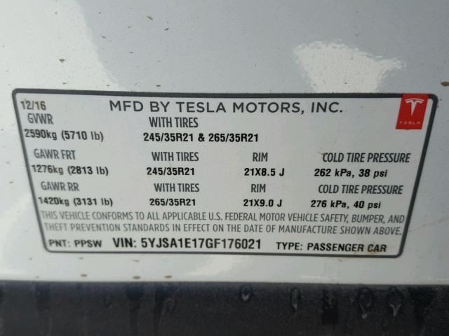 5YJSA1E17GF176021 - 2016 TESLA MODEL S WHITE photo 10