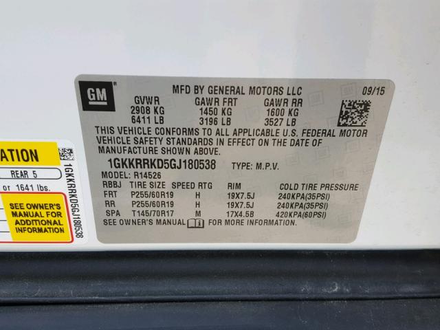 1GKKRRKD5GJ180538 - 2016 GMC ACADIA SLT თეთრი ფოტო 10