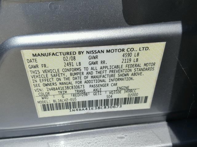 1N4BA41E38C830673 - 2008 NISSAN MAXIMA SE GRAY photo 10